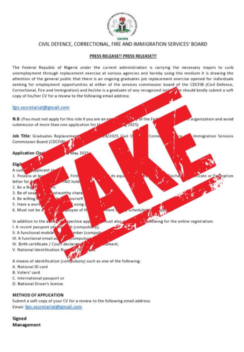 Fake Recruitment Alert: CDCFIB warns public against scam website ahead of official job Portal launch