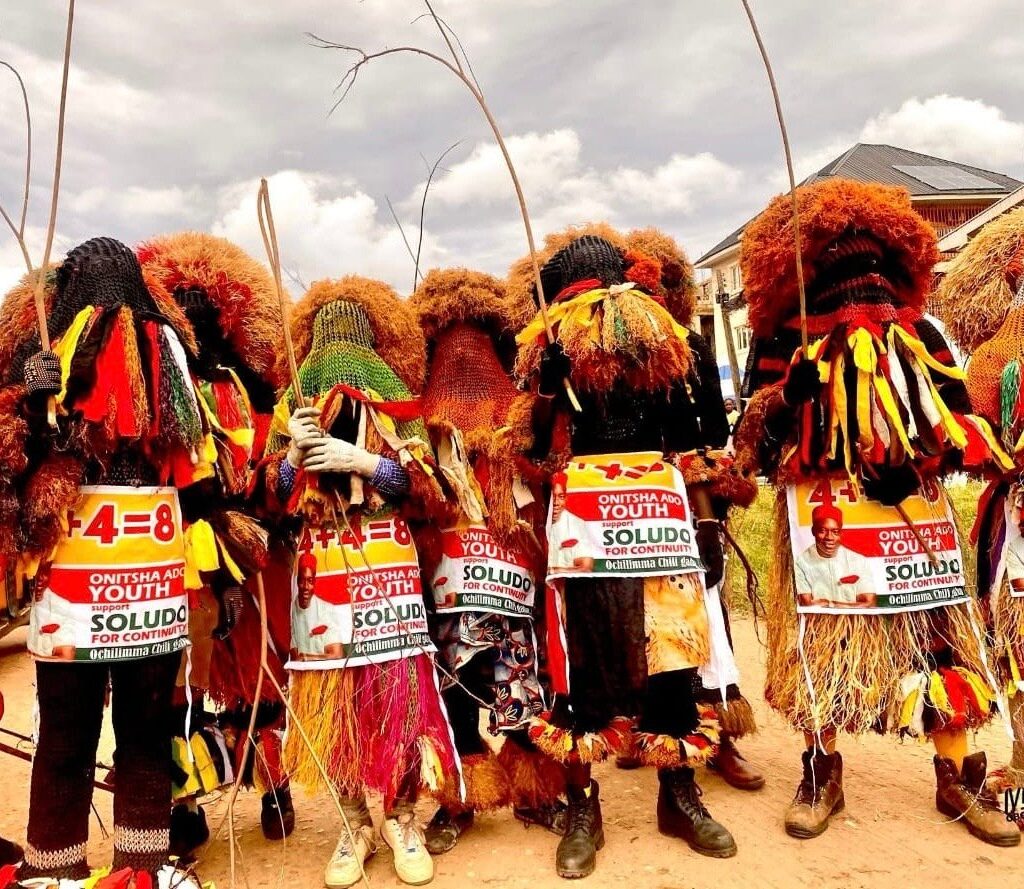 Masquerades display Soludo’s campaign posters ahead of Anambra guber