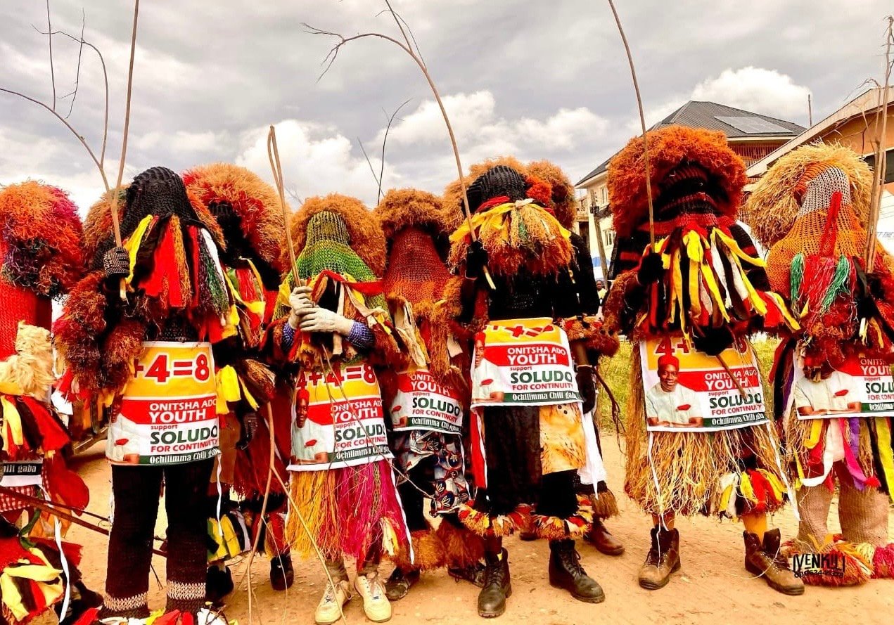 Masquerades display Soludo’s campaign posters ahead of Anambra guber
