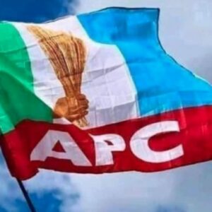 APC party flag displayed during a political gathering amid controversy over aspirant disqualifications ahead of the 2027 elections.