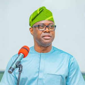 Oyo State Governor Seyi Makinde speaking at a political rally in Ibadan during his 2027 presidential declaration event.