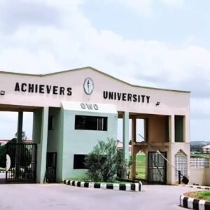 Main gate of Achievers University in Owo, Ondo State, linked to a N457 million tuition fraud investigation involving students and former staff.