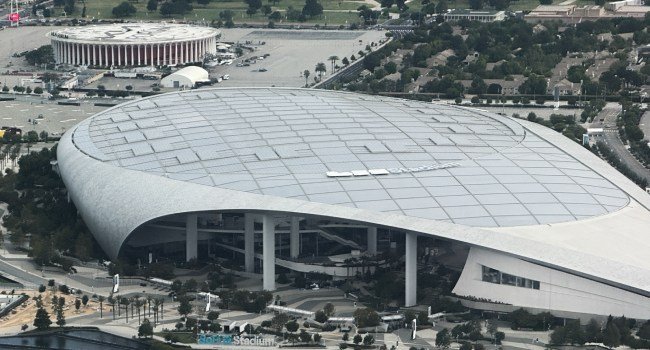 Aerial view of Los Angeles Stadium and surrounding area ahead of the 2026 FIFA World Cup as US authorities announce drone restrictions.