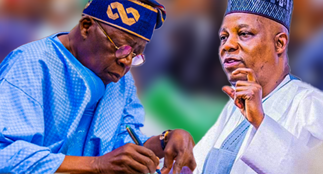Vice President Kashim Shettima speaking at a book launch in Abuja as President Bola Tinubu’s portrait appears alongside.
