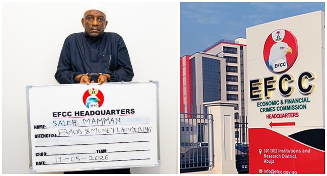 Photo combination of former Power Minister Saleh Mamman and the EFCC official emblem following his arrest in Kano over ₦33.8 billion fraud allegations