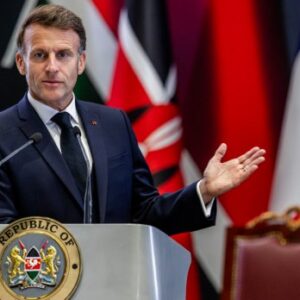 French President Emmanuel Macron speaks during the Africa-France summit in Nairobi, Kenya, advocating increased investment and economic partnerships in Africa.