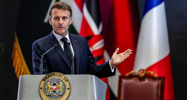 French President Emmanuel Macron speaks during the Africa-France summit in Nairobi, Kenya, advocating increased investment and economic partnerships in Africa.