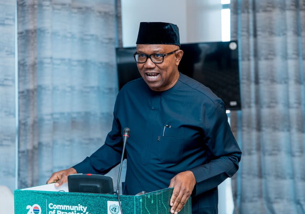 Peter Obi speaking during a public event while reacting to EFCC raid on University of Uyo Teaching Hospital