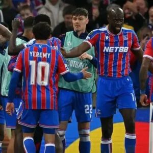 Crystal Palace players celebrate after defeating Shakhtar Donetsk to reach the Conference League final at Selhurst Park.
