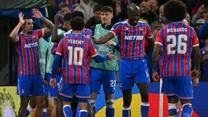 Crystal Palace players celebrate after defeating Shakhtar Donetsk to reach the Conference League final at Selhurst Park.