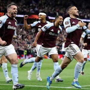 Aston Villa players celebrate after defeating Nottingham Forest to reach the Europa League final in front of home fans.
