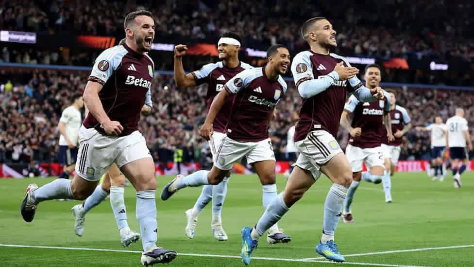 Aston Villa players celebrate after defeating Nottingham Forest to reach the Europa League final in front of home fans.