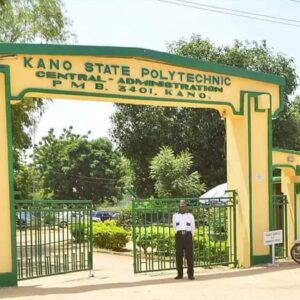 Fire-damaged main library building at Kano State Polytechnic after blaze destroyed books and academic records