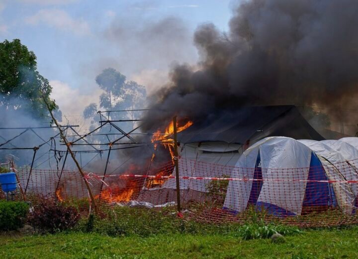 Burnt Ebola isolation tents at a hospital in eastern DR Congo after clashes between residents and health authorities.