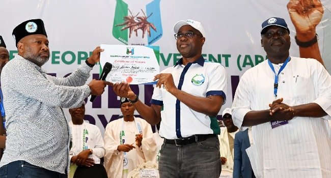 Seyi Makinde speaking at a political event in Ibadan after accepting APM presidential nomination for Nigeria’s 2027 election.