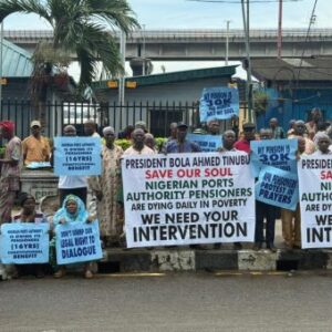 Retired Nigerian Ports Authority pensioners protest at NPA headquarters in Lagos over delayed pension benefits.