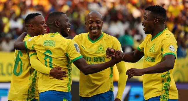 Mamelodi Sundowns players celebrate after winning the CAF Champions League against FAR Rabat in Morocco.