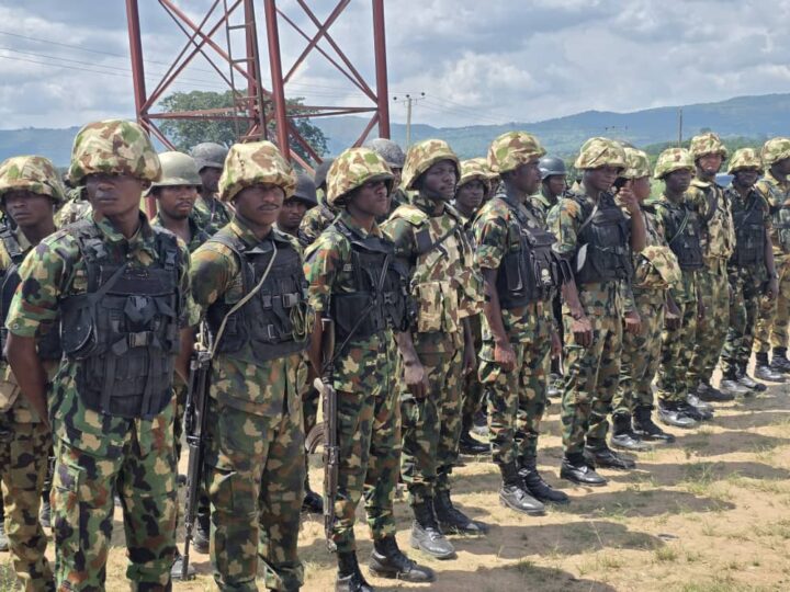 Nigerian soldiers during a military operation as army chief Waidi Shaibu announces troop deployment to Benin Republic.