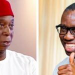 Former Delta governor Ifeanyi Okowa and Senator Ned Nwoko during the Delta North APC senatorial primary contest.