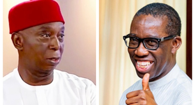 Former Delta governor Ifeanyi Okowa and Senator Ned Nwoko during the Delta North APC senatorial primary contest.