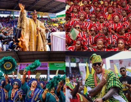 Crowds in traditional attire and horse riders at Ojude Oba Festival in Ijebu-Ode celebrating Yoruba cultural heritage.