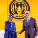 President Bola Tinubu and President Paul Kagame meeting in Kigali during the Africa CEO Forum, discussing bilateral cooperation and trade relations.