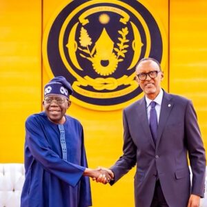 President Bola Tinubu and President Paul Kagame meeting in Kigali during the Africa CEO Forum, discussing bilateral cooperation and trade relations.