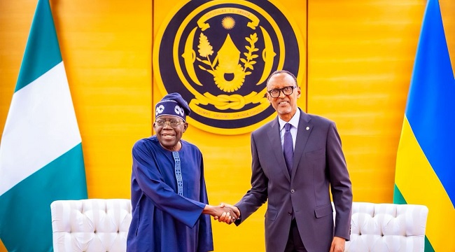 President Bola Tinubu and President Paul Kagame meeting in Kigali during the Africa CEO Forum, discussing bilateral cooperation and trade relations.