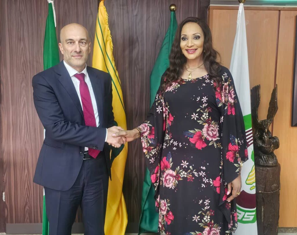 Bianca Odumegwu-Ojukwu and Italian Ambassador Roberto Mengoni during talks on the $5bn global education financing campaign in Abuja.
