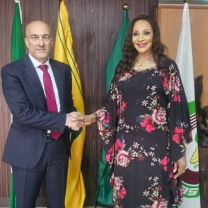 Bianca Odumegwu-Ojukwu and Italian Ambassador Roberto Mengoni during talks on the $5bn global education financing campaign in Abuja.