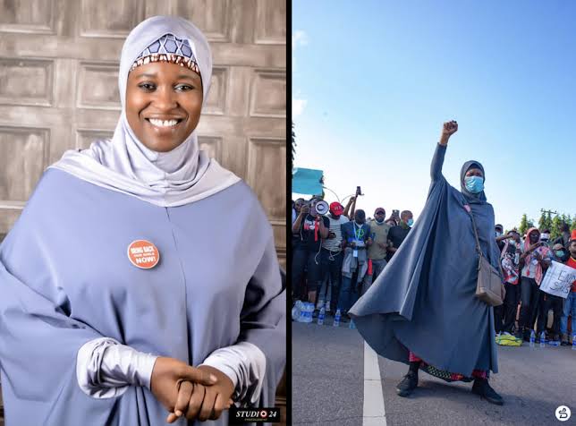 Aisha Yesufu speaking during a political event after announcing her defection from ADC to NDC and declaring her FCT senatorial ambition.