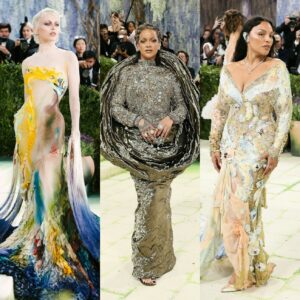 Celebrities on the Met Gala 2026 red carpet wearing sculptural and artistic fashion inspired by the Costume Art theme