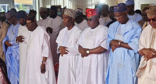 President Bola Tinubu leading Eid-El-Kabir prayers at Dodan Barracks in Lagos with top government officials.