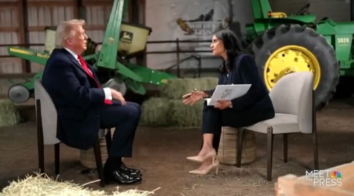 US President Donald Trump speaking during a television interview before walking out after being challenged over election fraud claims by NBC journalist Kristen Welker.