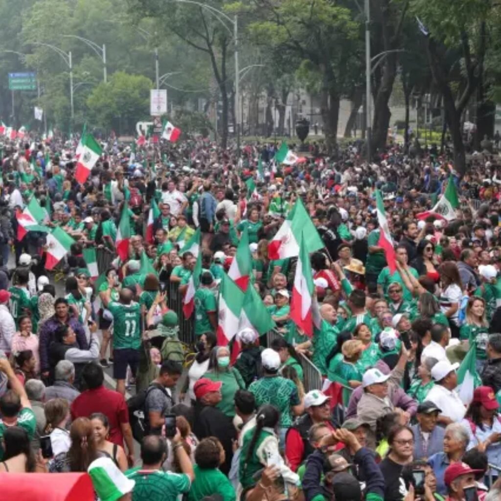 Protesters and police near Azteca Stadium in Mexico City during demonstrations blocking roads ahead of the FIFA World Cup 2026 opening match.