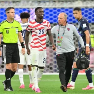 Folarin Balogun celebrates after scoring during the United States' 4-1 victory over Paraguay in the 2026 FIFA World Cup opener at SoFi Stadium in Los Angeles.