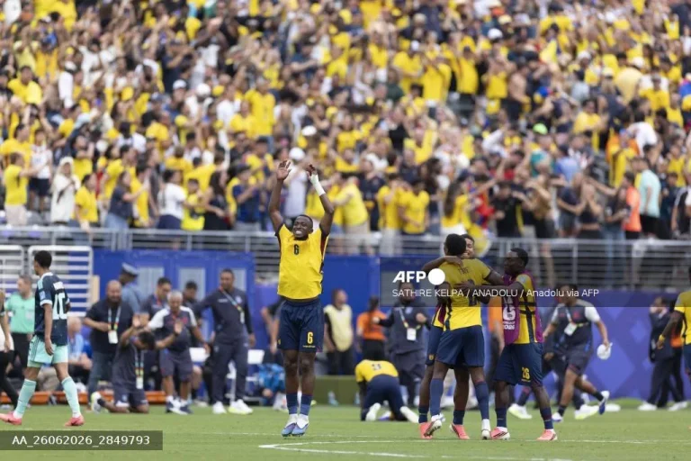 Ecuador players celebrate after defeating Germany 2-1 in their Group E match at the 2026 FIFA World Cup, securing a place in the knockout stage.