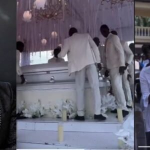 Mourners and Nollywood colleagues gathered at a funeral ceremony in Arochukwu, Abia State, reportedly for actor Alex Ekubo, dressed in white during the service.
