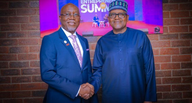 Aliko Dangote and Ondo State governor discussing proposed industrial and free trade zone project during official meeting in Akure.