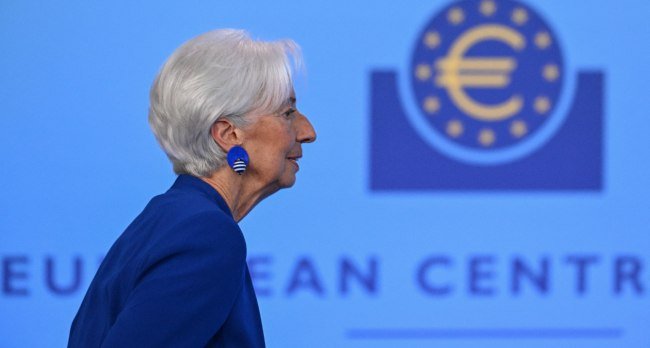 ECB President Christine Lagarde speaking at a press conference in Frankfurt announcing interest rate increase amid rising eurozone inflation pressures.