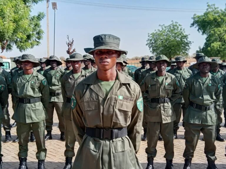 Forest guards in formation during training exercise for deployment across Nigerian forest reserves.