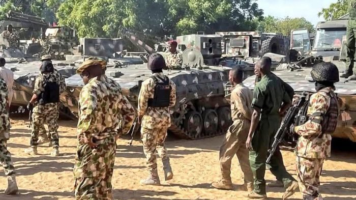Nigerian troops during counterterrorism operations recovering ammunition and dismantling illegal refining sites across multiple regions.