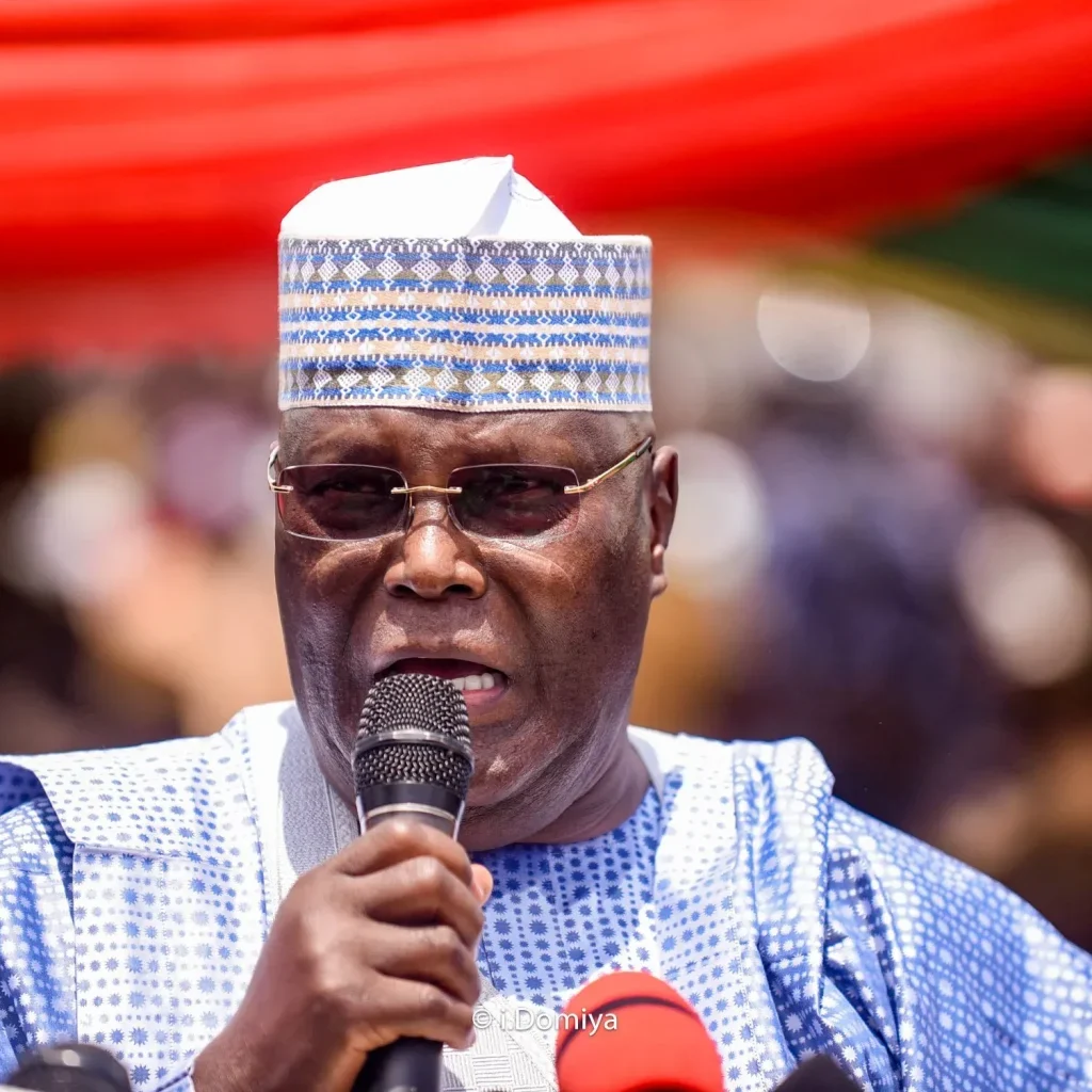 Atiku Abubakar speaking during a political event as he responds to Nyesom Wike's comments on Rivers State voting prospects ahead of the 2027 election.