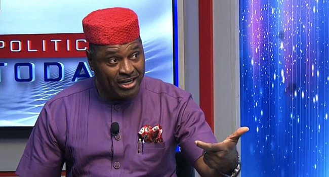 Kenneth Okonkwo speaking during a political interview, discussing dispute with Peter Obi over alleged defamation claims and legal threats.