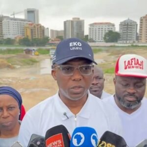 Lagos Environment Commissioner Tokunbo Wahab inspecting drainage infrastructure during an enforcement visit to flood-prone communities in Lagos.