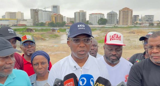 Lagos Environment Commissioner Tokunbo Wahab inspecting drainage infrastructure during an enforcement visit to flood-prone communities in Lagos.