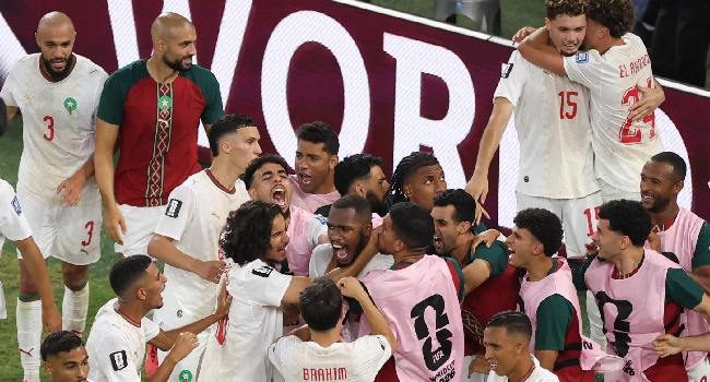 Morocco goalkeeper Yassine Bounou celebrates after saving a penalty as Morocco defeated the Netherlands in a World Cup shootout to reach the last 16.