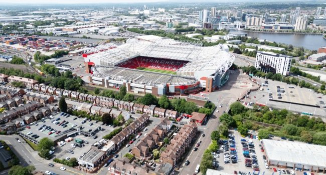Aerial view of Old Trafford in Manchester as Manchester United advance plans for a new £2bn, 100,000-capacity stadium nearby.