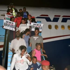 Nigerian returnees disembark from an Air Peace aircraft during a previous repatriation operation from South Africa.