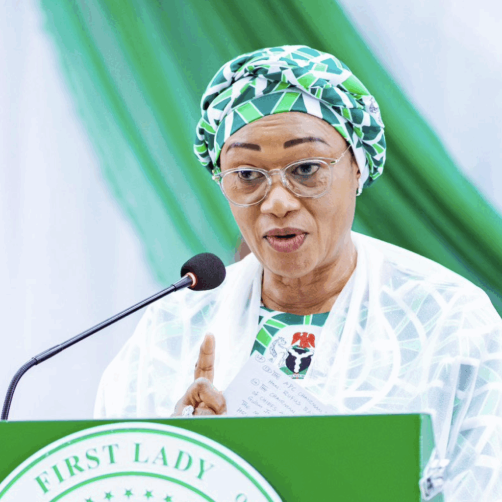 First Lady Oluremi Tinubu speaking at the inauguration of the Tinubu Torchbearers in Abuja, where she announced vehicle donations to APC women leaders in opposition-controlled states.